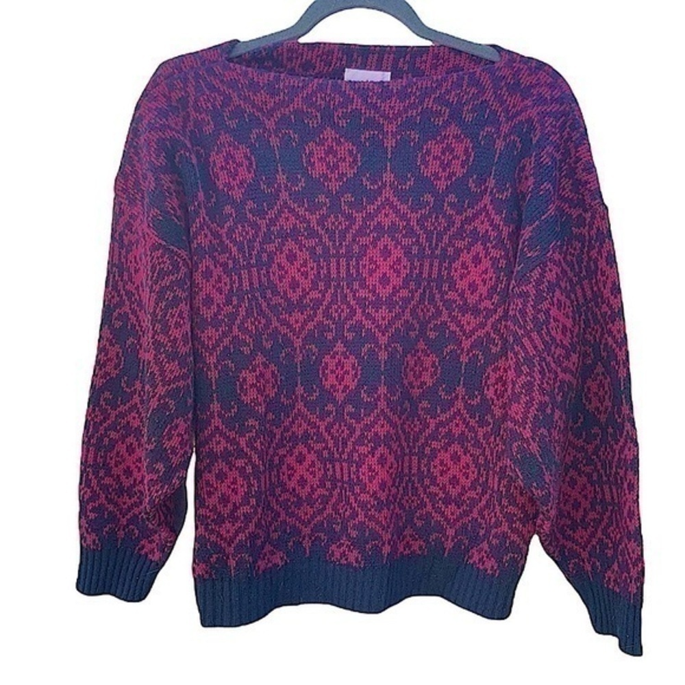 Vintage Garland Boatneck Pink & Black Patterned Acrylic Chunky Knit Sweater​